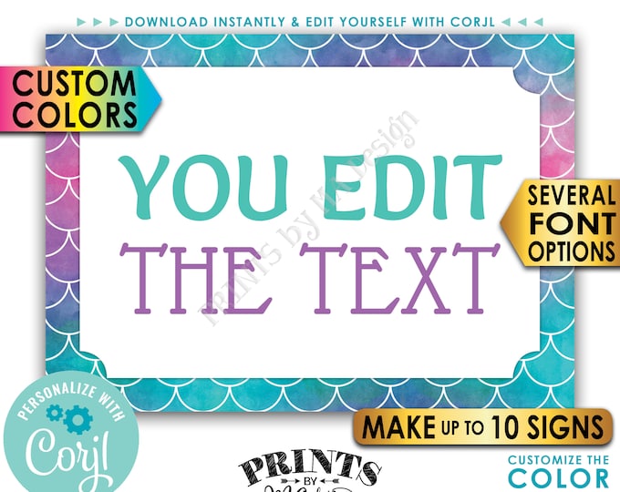 Custom Mermaid Signs, Choose Your Text Mermaid Party, Create Up to 10 PRINTABLE 5x7" Landscape Mermaid Signs <Edit Yourself with Corjl>