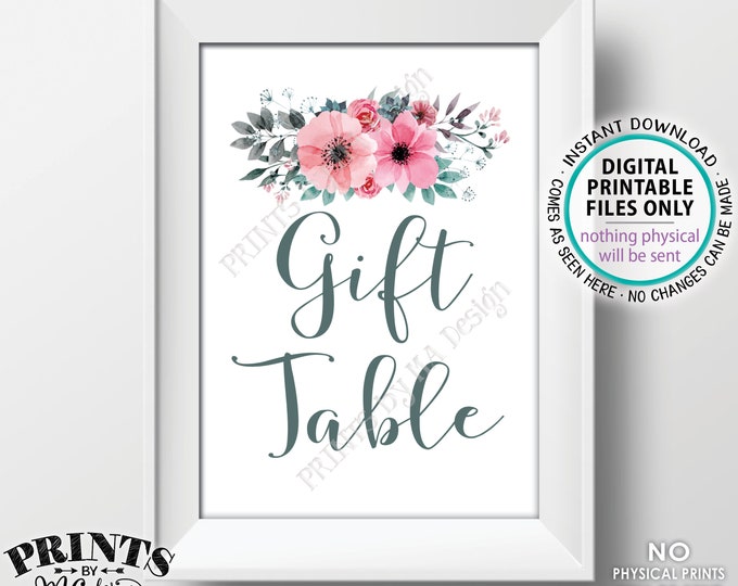 Gift Table Sign, Pink Teal/Turquoise Gray Flowers Decor, Baby Shower, Bridal Shower Gifts, PRINTABLE 5x7" Watercolor Style Floral Sign <ID>