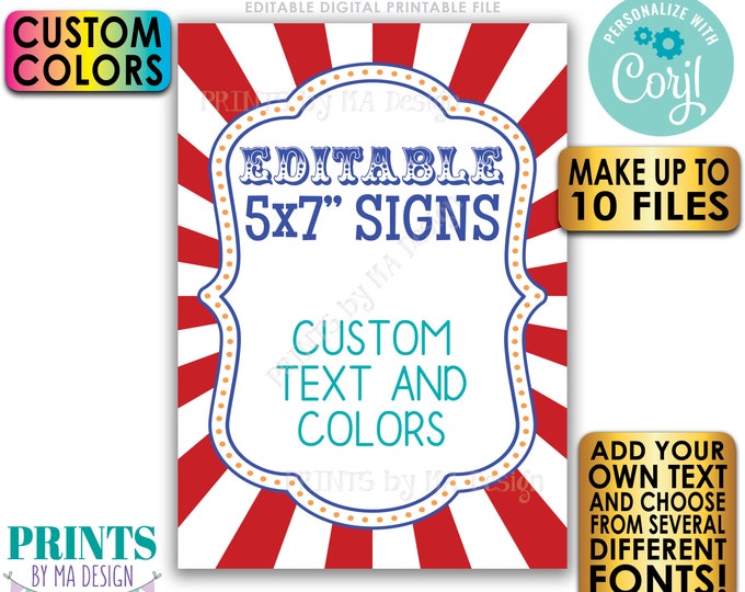 Editable Carnival Signs, Circus Theme, Birthday Party, Festival, Up to 10 Custom PRINTABLE 5x7” Portrait Signs <Edit Yourself w/Corjl>