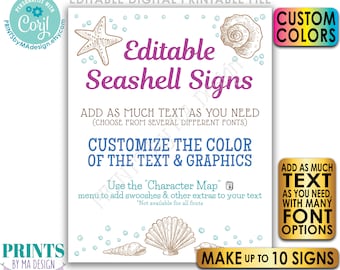 Editable Seashell Sign, Choose Your Text & Colors, Beach Theme, Up to 10 Custom PRINTABLE 16x20” Portrait Signs <Edit Yourself with Corjl>