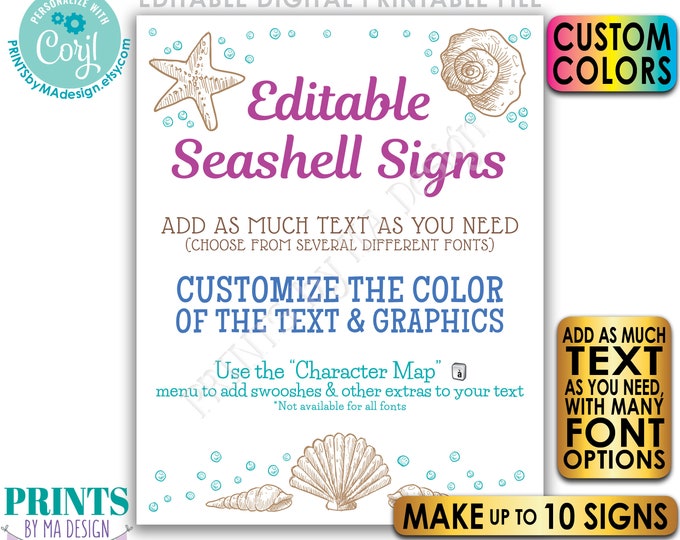 Editable Seashell Sign, Choose Your Text & Colors, Beach Theme, Up to 10 Custom PRINTABLE 16x20” Portrait Signs <Edit Yourself with Corjl>