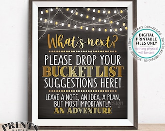 Bucket List Suggestions Sign, Retirement, Graduation, Bon Voyage Fun Ideas New Adventure, Golden PRINTABLE 8x10” Chalkboard Style Sign <ID>