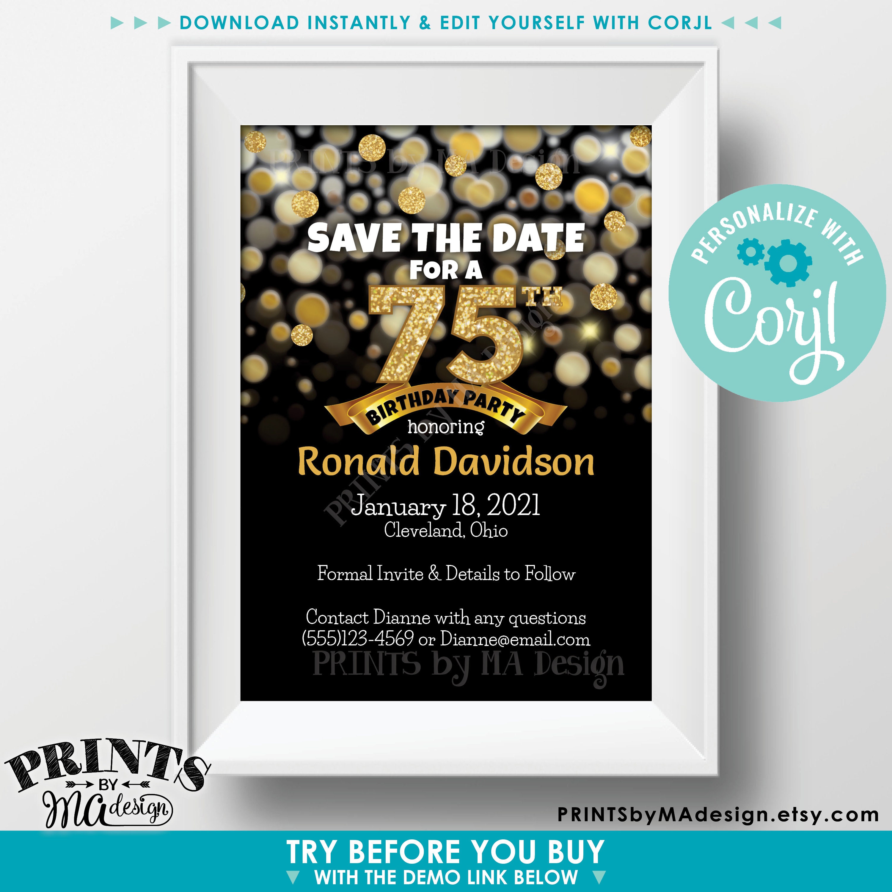 Black Gold Glitter Birthday Party Save The Date Printable 5x7 Golden ay Invite