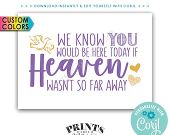 Heaven Sign, We Know You Would Be Here Today if Heaven Wasn't So Far Away, PRINTABLE 5x7" Sign <Edit Colors Yourself with Corjl>