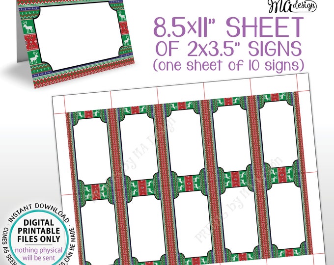 Ugly Sweater Party Labels, Ugly Christmas Sweater Table Tents, Tacky Sweater, Food Signs, PRINTABLE 8.5x11” Sheet of Ten 2x3.5" Cards <ID>