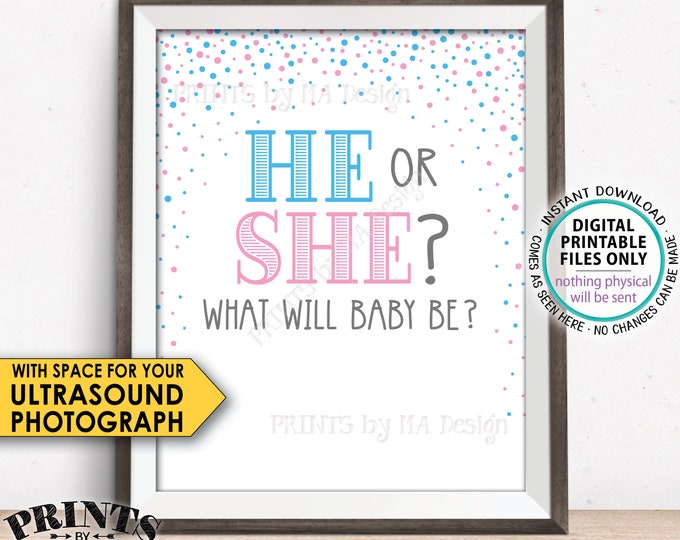 He or She What Will Baby Be Gender Reveal Party, PRINTABLE 8x10/16x20 Sign with room for an Ultrasound Photo, Pink & Blue Confetti <ID>