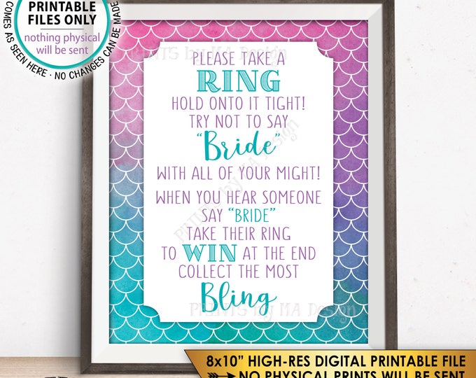 Mermaid Bridal Shower Sign, Take a Ring and Don't Say Bride Bridal Shower Game Sign, Bride Bling, PRINTABLE 8x10” Watercolor Style Sign <ID>