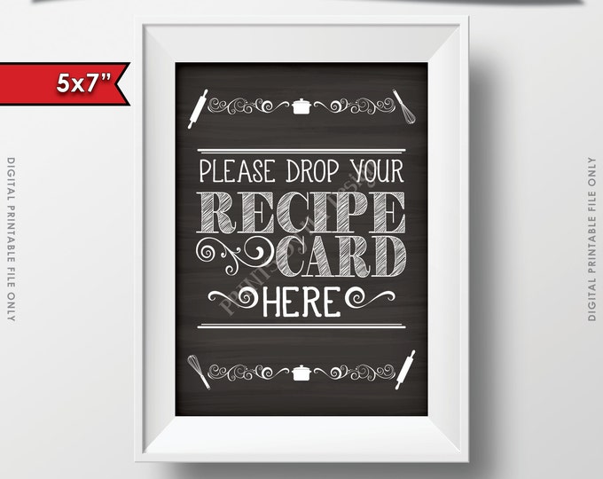 Drop your Recipe Card Here Sign, Recipe Card Drop-off, Wedding Bridal Shower, 5x7" Chalkboard Style Instant Download Digital Printable File