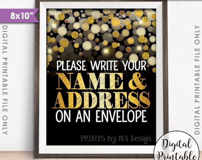 Address an Envelope Sign, Addressee, Birthday, Anniversary, Retirement, Graduation, Black & Gold Glitter Instant Download 8x10” Printable