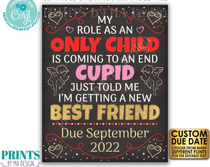 Valentine's Day Pregnancy Announcement, Role as an Only Child is Coming to an End, PRINTABLE Baby #2 Reveal Sign <Edit Yourself with Corjl>