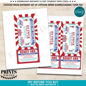 May include: A red and white striped ticket invitation for a child's birthday party. The ticket says "Come One Come All" to Olivia's 6th birthday party. The party is on Saturday, 14th June at 1:00 PM at Timbers Bowling Alley. RSVP to Elizabeth by 6th June.