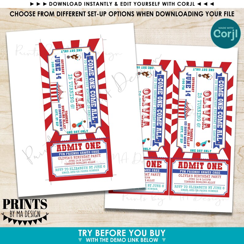 May include: A red and white striped ticket invitation for a child's birthday party. The ticket says "Come One Come All" to Olivia's 6th birthday party. The party is on Saturday, 14th June at 1:00 PM at Timbers Bowling Alley. RSVP to Elizabeth by 6th June.