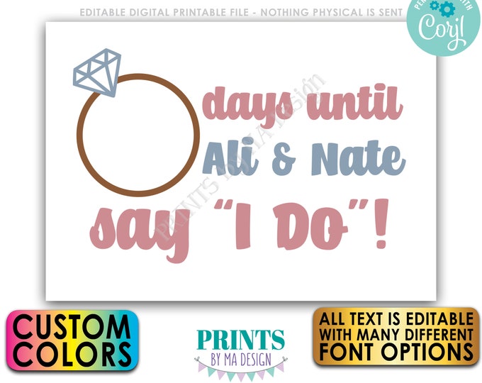 Editable Wedding Countdown Sign, Days Until She's Mrs, Wedding Ring, Bridal Shower, Custom PRINTABLE 5x7” Sign <Edit Yourself with Corjl>