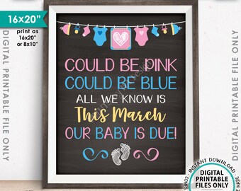 Pregnancy Announcement, Could be Pink Could be Blue, Our Baby is Due in MARCH Dated Chalkboard Style PRINTABLE 16x20” Baby Reveal Sign <ID>