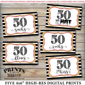 50th Birthday Candy Signs, 50 Sucks Rocks Blows Kiss It Still Hot, Fiftieth Candy Bar, 5 PRINTABLE Black/Pink/Gold Glitter 4x6&quot; Signs &lt;ID&gt;