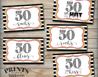 50th Birthday Candy Signs, 50 Sucks Rocks Blows Kiss It Still Hot, Fiftieth Candy Bar, 5 PRINTABLE Black/Pink/Gold Glitter 4x6" Signs <ID>
