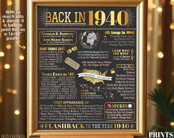 Back in 1940 Poster Board, Flashback to 1940, Remember 1940, USA History from 1940, PRINTABLE 16x20” 1940 Sign, Gray Gold SIlver <ID>
