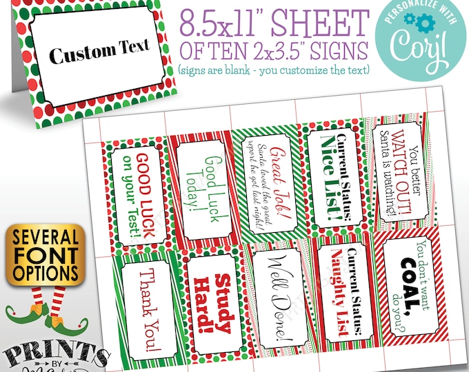 Christmas Place Cards, Notes from the Elf, Xmas Patterns, One PRINTABLE 8.5x11" Sheet of Custom 2x3.5" Cards <Edit Yourself with Corjl>