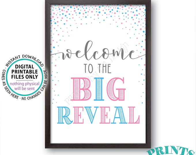 Welcome to the Big Reveal Sign, Gender Reveal Party Sign, PRINTABLE 24x36" Gender Reveal Welcome Sign, Pink & Blue Confetti <ID>