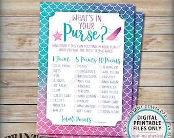 Mermaid What's In Your Purse Bridal Shower Game, Purse Game, Mermaid Baby Shower Activity, Watercolor Style Digital PRINTABLE 5x7” <ID>