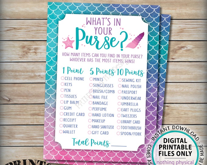 Mermaid What's In Your Purse Bridal Shower Game, Purse Game, Mermaid Baby Shower Activity, Watercolor Style Digital PRINTABLE 5x7” <ID>
