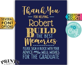 Sign a Block Graduation Party Decoration, Thanks for Building Memories, Custom Colors, PRINTABLE 8x10” Sign <Edit Yourself with Corjl>