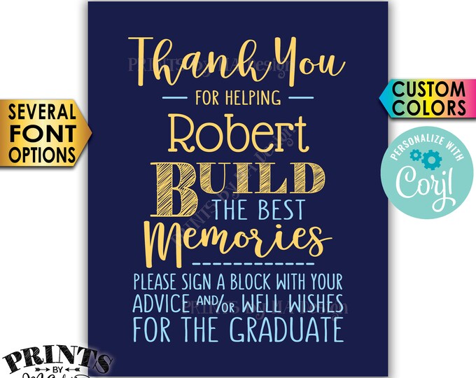 Sign a Block Graduation Party Decoration, Thanks for Building Memories, Custom Colors, PRINTABLE 8x10” Sign <Edit Yourself with Corjl>