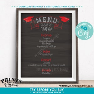 May include: A framed menu board with a chalkboard-style background. The menu is for a 1969 class reunion, with entrees, sides, dessert, and drinks listed. The top of the menu has a banner with the word "MENU" and graduation caps.