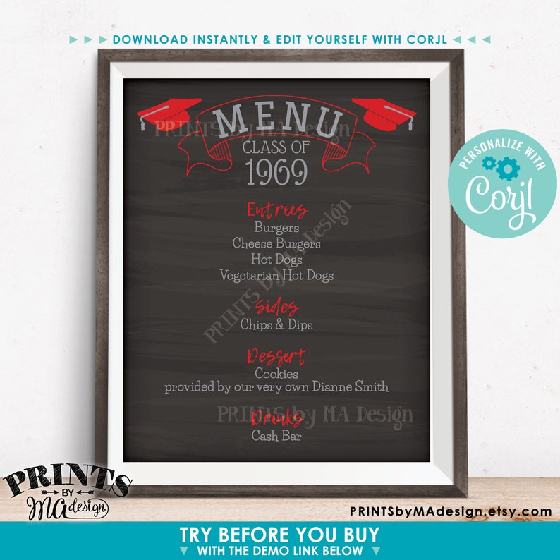 May include: A framed menu board with a chalkboard-style background. The menu is for a 1969 class reunion, with entrees, sides, dessert, and drinks listed. The top of the menu has a banner with the word "MENU" and graduation caps.