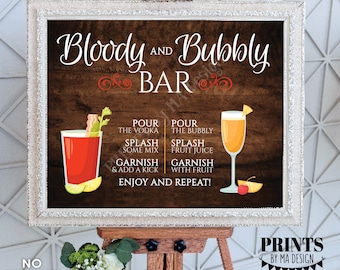 Bloody and Bubbly Bar Sign, Mimosas & Bloody Marys, Brunch Cocktails, Beverage Drink Menu, PRINTABLE 8x10/16x20” Rustic Wood Style Sign <ID>