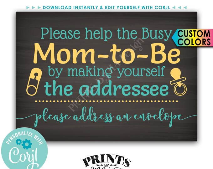 Baby Shower Address an Envelope Sign, Help the Busy Mom-to-Be by being the Addressee, PRINTABLE Sign <Edit Colors Yourself with Corjl>