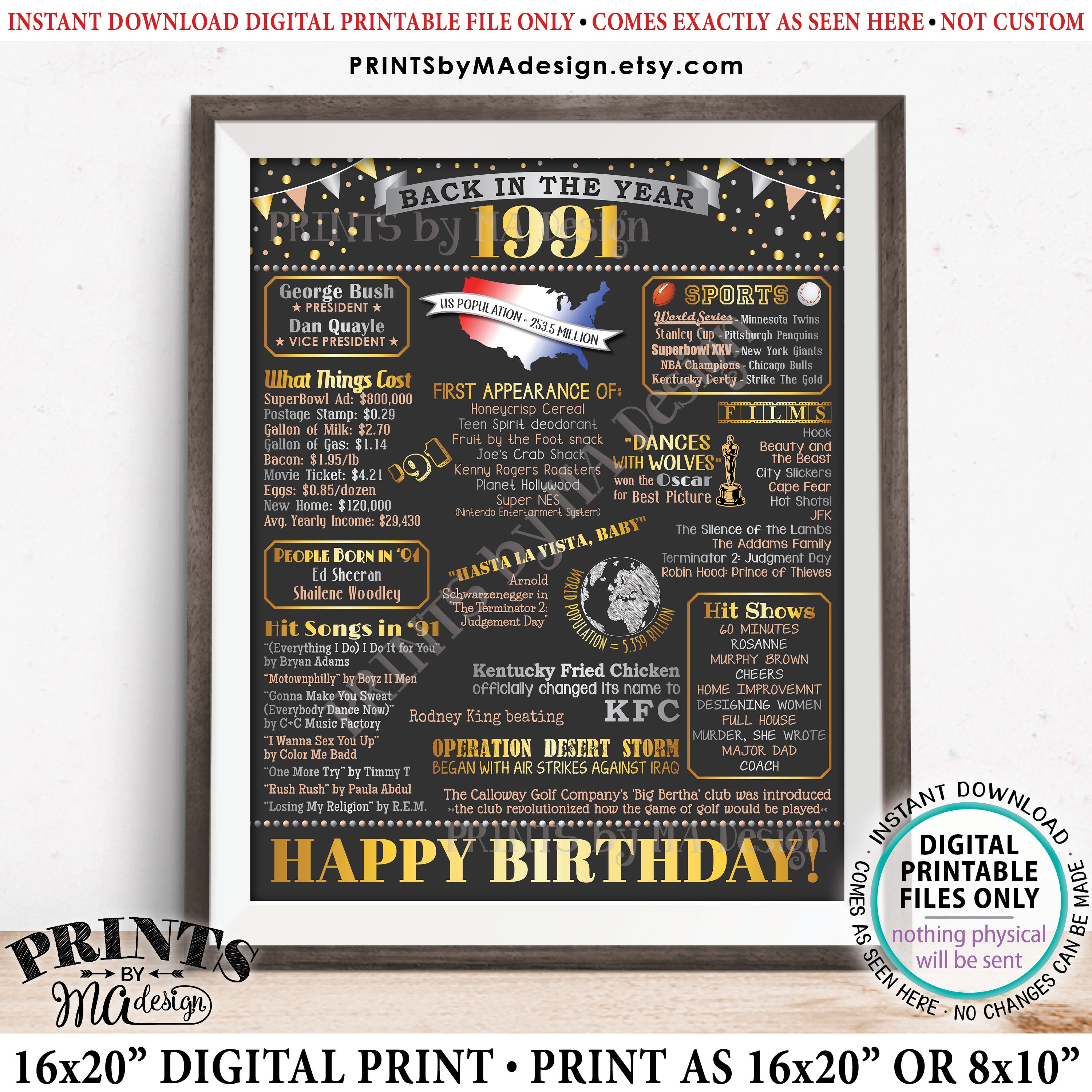 Back in the Year 1991 Birthday Sign, Flashback to 1991 Poster Board