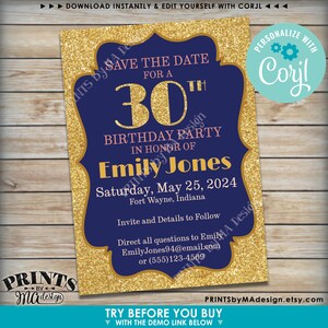 May include: A rectangular birthday party invitation card with a dark blue centre and a gold glitter border. The text reads: SAVE THE DATE FOR A 30TH BIRTHDAY PARTY IN HONOR OF Emily Jones, Saturday, May 25, 2024, Fort Wayne, Indiana, Invite and Details to Follow.