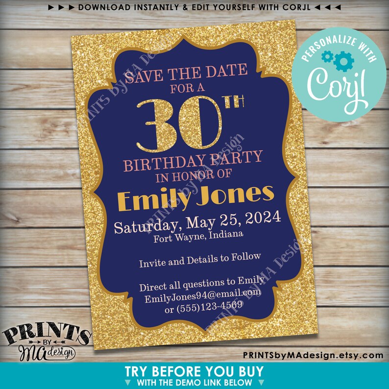 May include: A rectangular birthday party invitation card with a dark blue centre and a gold glitter border. The text reads: SAVE THE DATE FOR A 30TH BIRTHDAY PARTY IN HONOR OF Emily Jones, Saturday, May 25, 2024, Fort Wayne, Indiana, Invite and Details to Follow.