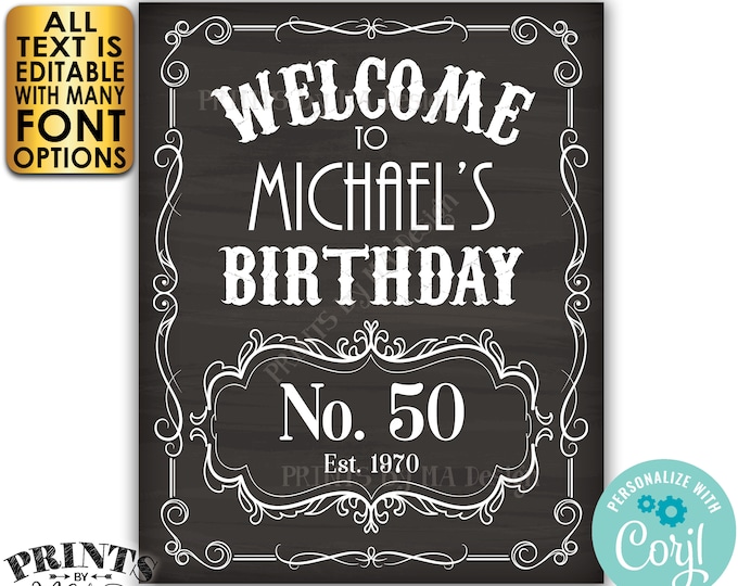 Birthday Welcome Sign, Better with Age Whiskey Themed B-day Vintage Poster, PRINTABLE 16x20” Chalkboard Style Sign <Edit Yourself w/Corjl>