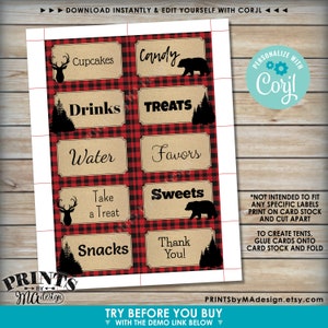 Lumberjack Place Cards, Buffet Food Labels, One PRINTABLE 8.5x11 Sheet of 2x3.5 Labels Edit Yourself with Corjl image 2