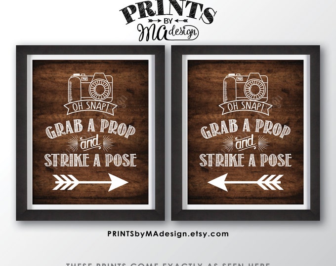 Grab a Prop and Strike a Pose signs with Arrows Pointing to Photobooth, Two Dark Brown Rustic Wood Style PRINTABLE 8x10/16x20” Signs <ID>