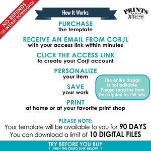 May include: A graphic explaining how to use a printable template. The template is available for 90 days and can be downloaded 10 times. The graphic includes the text "PRINTS by MaDesign".