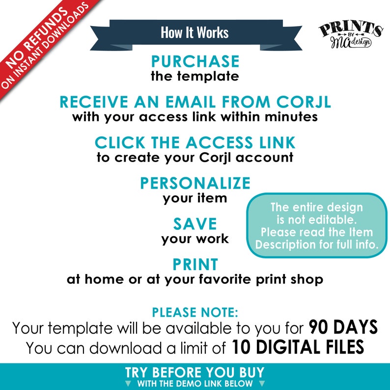 May include: A graphic explaining how to use a printable template. The template is available for 90 days and can be downloaded 10 times. The graphic includes the text "PRINTS by MaDesign".