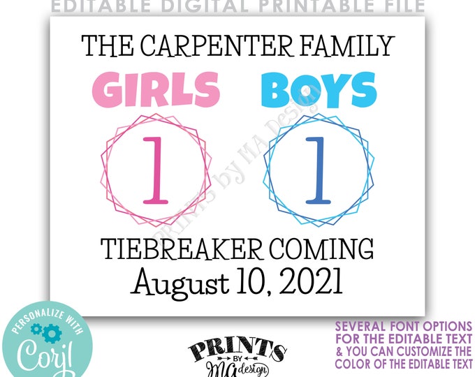 Tiebreaker Pregnancy Announcement, Baby Number 3, Boys vs Girls, PRINTABLE 8x10/16x20” Baby #3 Sign <Edit Yourself w/Corjl>