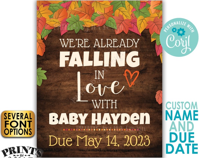 Fall Pregnancy Announcement, We're Already Falling in Love with Baby, PRINTABLE 16x20" Rustic Wood Style Sign <Edit Yourself with Corjl>