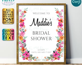 Floral Bridal Shower Welcome Sign, Hot Pink and Orange Flower Border, One Custom PRINTABLE 8x10/16x20” Sign <Edit Yourself with Corjl>