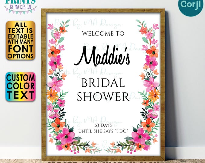 Floral Bridal Shower Welcome Sign, Hot Pink and Orange Flower Border, One Custom PRINTABLE 8x10/16x20” Sign <Edit Yourself with Corjl>