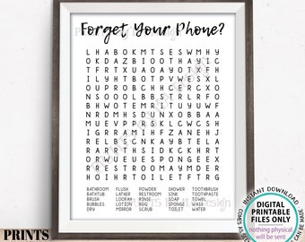Bathroom Word Search, Forget Your Phone? Fun Bathroom Puzzle Housewarming Gift, PRINTABLE 8x10/16x20” Bathroom Sign <ID>