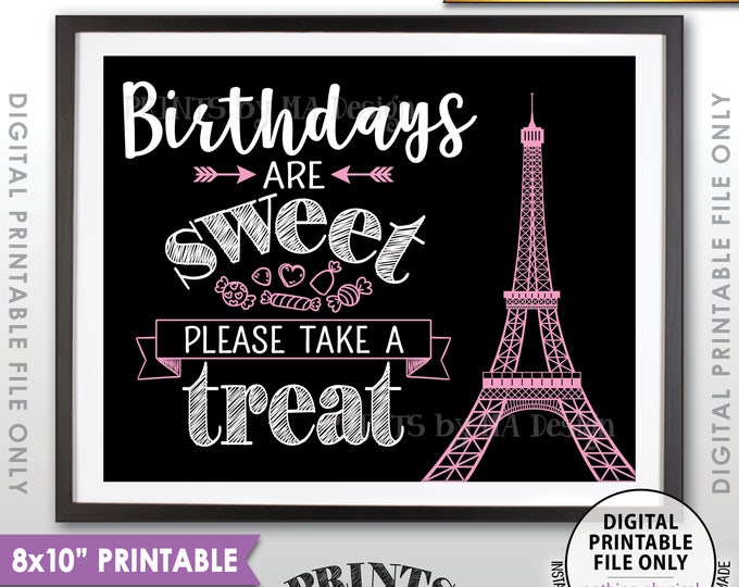 Birthdays are Sweet Please Take a Treat, Paris Theme, Eiffel Tower, Candy Bar, Pink & White Paris Birthday PRINTABLE 8x10” Candy Sign <ID>