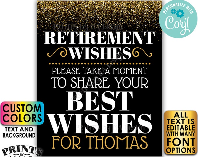 Retirement Party Sign, Please Leave Your Best Wishes for the Retiree, PRINTABLE 8x10/16x20” Gold Glitter Sign <Edit Yourself w/Corjl>