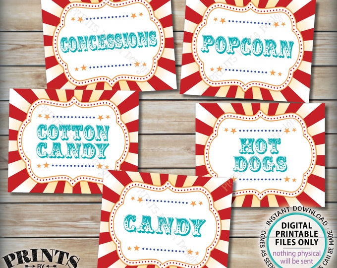 Carnival Food Signs, Carnival Theme Party, Popcorn, Cotton Candy, Hot Dogs, Circus Theme Party, Teal, PRINTABLE 8x10/16x20” Food Signs <ID>