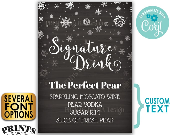 Signature Drink Sign, Christmas Party Cocktail, Snowflake Holiday Bar, PRINTABLE 5x7” Chalkboard Style Drink Sign <Edit Yourself w/Corjl>