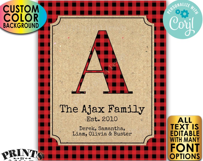 Family Established Sign, Personalized Name Sign, Buffalo Plaid Checker, Custom Text, PRINTABLE 8x10/16x20” Sign <Edit Yourself w/Corjl>