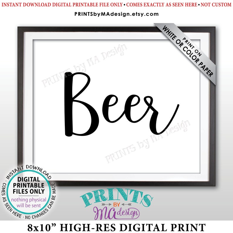 Beer Sign, Beverage Station, Drinks Sign, Wedding Bar Display, Birthday Party, Anniversary Celebration, PRINTABLE 8x10 Beer Sign ID image 1